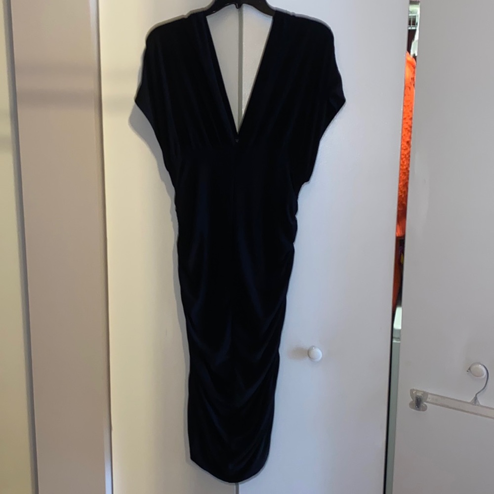 Rouched black short sleeve stretch dress